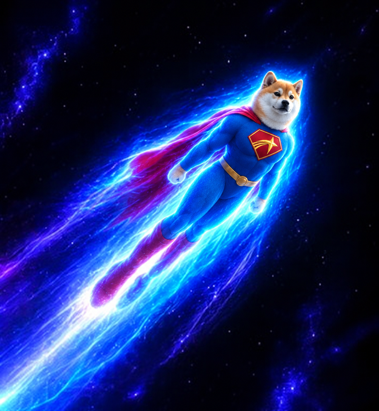 Super Inu in a blue suit and red cape flying through space